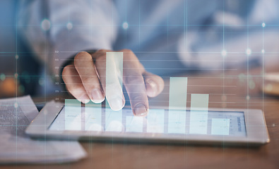 Image showing Hands, chart overlay and night with tablet for financial goal, progress or market analysis in closeup. Man, 3d hologram or finance graph and business for growth, profit or data analytics on fintech