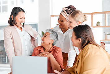 Image showing Happy, success or business people in meeting for company growth, strategy review or teamwork in office. Group of startup women, diversity or friends with smile laughing, happiness or comic joke.