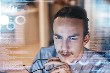 Image showing Man, thinking and idea for digital marketing, advertising or corporate data and strategy in double exposure. Male employee contemplating business decision, analysis or company statistics on overlay