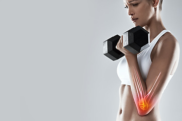 Image showing Fitness, weightlifting and dumbbell, arm injury and woman in pain, red overlay and x ray with skeleton on studio background. Mockup, bodybuilder and inflammation, medical emergency and muscle tension