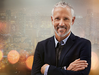 Image showing Business man, CEO and smile in portrait with leadership, management and senior executive with urban overlay. Double exposure, happy person with arms crossed, vision and professional with mockup space