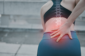 Image showing Back pain, red and spine skeleton of woman exercise, workout and fitness outdoors with injury or inflammation. Bone, hurt and female athlete with ache or body tension due to training for wellness