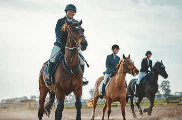 Image showing Equestrian, horse riding and sport, women in countryside outdoor with rider or jockey, recreation and speed. Animal, sports and fitness with athlete, group and competition with healthy lifestyle
