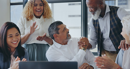 Image showing Business employees, laptop and applause for success on stock market, crypto company target goals and team support in office. Happy teamwork, management motivation and celebrate corporate tech winner