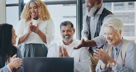 Image showing Laptop applause or business people happy with success or winning digital marketing business deal. CEO, senior manager and excited employees meeting for good news, kpi goals or sales target in office