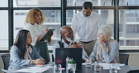 Image showing Laptop, CEO or senior business people in meeting planning a marketing strategy for company financial growth. Innovation, leadership or executive employees working in a partnership for kpi sales goals