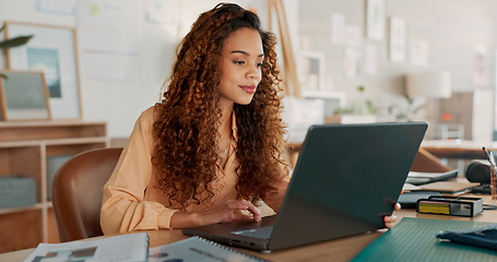 Image showing Black woman, documents or working on laptop planning, creative research or data analysis for marketing project management review. Business, typing corporate report, schedule or SEO calendar agenda