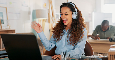 Image showing Video call, customer service woman in a courier office for product consulting, sales negotiation or ecommerce. Logistics, customer support or business consultant laptop, headphones and shipping boxes