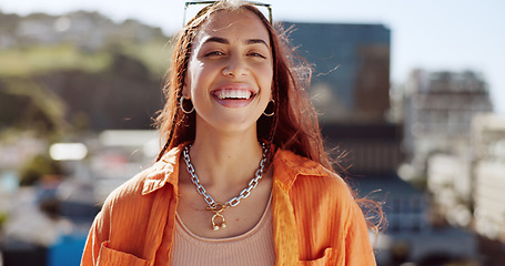 Image showing Smile, happy and laughing fashion woman in city style, trendy and cool clothes on summer Brazilian holiday. Portrait, fun student and tourist or model in urban clothing, travel location and vacation