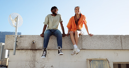 Image showing Rooftop, relax and friends for social conversation together in cool wind, sunshine and blue sky mock up space for advertising gen z youth aesthetic. Happy black people couple on urban city building