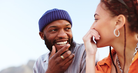 Image showing Happy love, sky and couple communication on romantic outdoor date for fun, adventure and freedom. Peace, smile and relax black woman and gen z man talking in conversation, bond and enjoy quality time