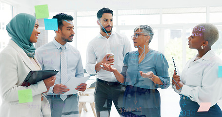 Image showing Leadership, writing or business people with sticky notes for planning marketing SEO calendar, vision or mission. Teamwork, diversity or business woman in meeting for data analysis or strategy review