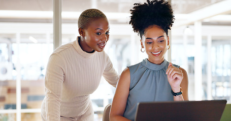 Image showing Business, black woman and employee laptop for digital marketing, connection and conversation in workplace. Coworkers, female consultants and discussion for online system, reading and explain process