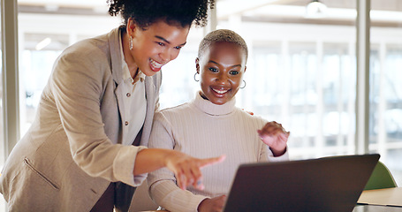 Image showing Corporate, black women an laptop for typing, connection and digital marketing in office, conversation and planning. Female employees, business partners and online research for advertising and talking
