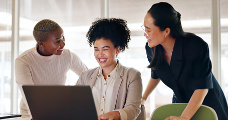 Image showing Business, women and applause with laptop, celebration and website launch in workplace, project success and collaboration. Corporate, female employees and team clapping for happiness and partnership