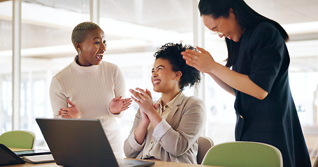 Image showing Corporate, women and applause with laptop, achievement and teamwork for project success, business deal and workplace. Team, staff and female employees clapping for new contract and digital marketing