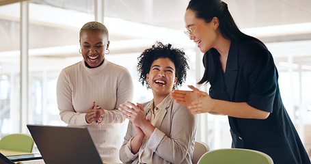 Image showing Corporate, women and applause with laptop, achievement and teamwork for project success, business deal and workplace. Team, staff and female employees clapping for new contract and digital marketing