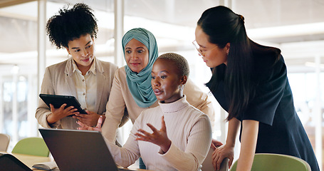 Image showing Diversity, corporate and women with laptop, talking and planning budget, fintech and system update in modern office. Team, leader and group online reading, finance and.accounting process on computer