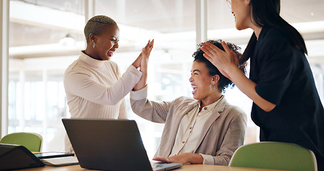 Image showing Corporate, women and applause with laptop, achievement and teamwork for project success, business deal and workplace. Team, staff and female employees clapping for new contract and digital marketing
