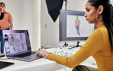 Image showing Photography editing, creative process and woman working on web software for photo edit. Media, fashion photographer and photoshoot planning of a studio employee doing computer work for press