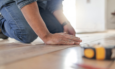 Image showing Construction worker hands, wood carpenter and home floor renovation of a builder. Working, woodwork and handcraft of a manufacturing, building and house maintenance development of an artisan