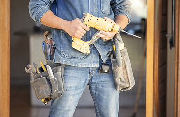 Image showing Diy, man and drill for construction, building or home repair, renovation and improvement. Equipment, handyman and male ready for maintenance, architecture or design, creation and creative at home