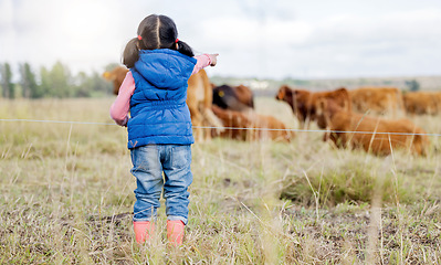 Image showing Farm, cow and a girl from the back looking at cattle on an agricultural field for sustainability or dairy farming. Children, agriculture and livestock with a little kid outdoor alone on a beef ranch