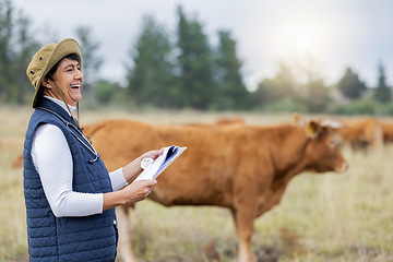 Image showing Farm, veterinary for cow and woman with clipboard for inspection, checklist and animal wellness. Agriculture, healthcare and happy senior vet working in countryside, cattle farming and livestock