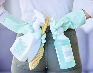 Image showing Product, brush and woman, back with cleaning service and chemical spray for hygiene and disinfectant. Clean, liquid in bottle and female housekeeper, gloves for safety from bacteria and housekeeping