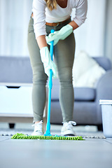 Image showing Mop, cleaner and woman cleaning floor with disinfection and hygiene with housekeeping service. Maintenance, professional maid and female housekeeper, fresh clean tiles and bacteria disinfection