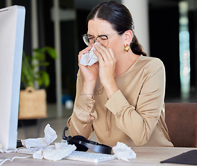 Image showing Call center, woman and tissue at office, sick and sneezing by computer, headphones and microphone. Contact us, toilet paper and customer service expert with flu, covid and self care in workplace