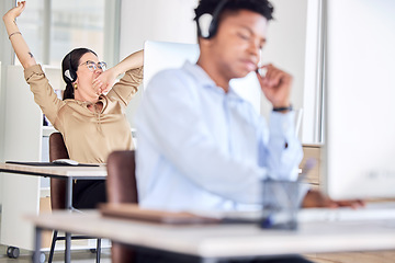 Image showing Tired, yawn and call center woman in office for telemarketing, customer service and sales consulting. Lazy, sleepy and stretching female agent with burnout, fatigue and bored job at telecom help desk