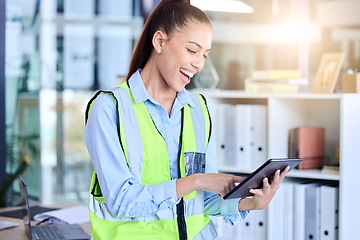 Image showing Engineer, tablet and a woman in office for project management with internet connection for plan. Architect, construction or safety worker with engineering software app for planning checklist vision