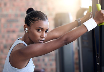 Image showing Fitness, exercise and portrait of a woman with music at gym for health and wellness with training workout. Indian athlete person listening to earphones for motivation and inspiration to train body