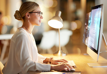 Image showing Digital, cyber and woman on a computer with a hologram for web design, software and programming. 3d website, database and employee working on holographic coding as a programmer on a pc at work