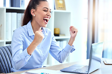 Image showing Success, business and woman with achievement, fist and cheering for sales profit, promotion and new deal. Corporate, female employee and leader with laptop, winner and victory with celebration or joy