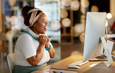 Image showing Excited black woman, computer and celebration for good news, winning or business promotion at office desk. African American female with smile in surprise celebrating bonus, win or success by PC