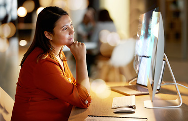 Image showing Pregnant, thinking and business woman on computer for working on project, website research and planning. Corporate office, pregnancy and female worker with ideas, goals and brainstorming at desk