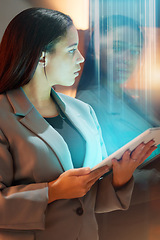 Image showing Code overlay, business woman and tablet data of a it worker with crypto coding and programmer work. Information technology graphic, digital cybersecurity and 3d programming in a office on tech