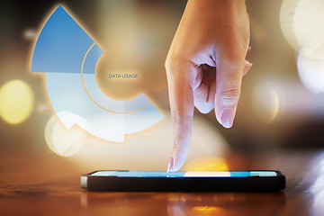 Image showing Graphic, data and hand typing on a phone for connection, internet and on app. Wifi, analysis and person with digital information on mobile usage with double exposure, social media and communication