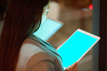 Image showing Mockup, green screen and woman with tablet, business and fintech for investment, accounting and online markets. Corporate, female leader and manager with device, data analysis or technical innovation