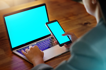 Image showing Green screen, mockup and woman with a phone and laptop for marketing, branding and connection. Contact, communication and blank space on a computer and mobile for an employee at advertising business