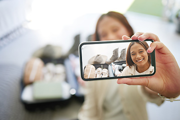 Image showing Selfie, hand and girl with a phone for travel, hotel bedroom and memory of a vacation. Smile, freedom and influencer girl with a mobile photo during a holiday for social media and live streaming
