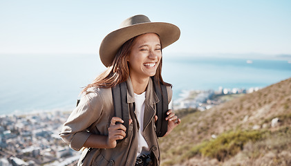 Image showing Happy, hiking and woman laughing with travel, outdoor in nature with freedom and fitness, funny and active lifestyle. Female hiker on mountain, joke and person with adventure, happiness and care free