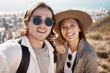 Image showing Nature, selfie and couple hiking, fitness and workout for wellness, healthy lifestyle and romance. Portrait, man and woman on mountains, hikers or holiday for adventure, journey or happiness together