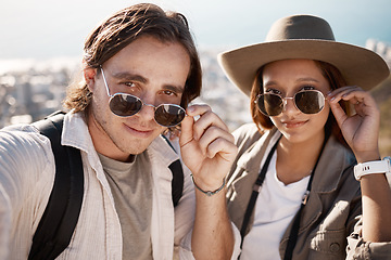 Image showing Selfie, hiking and couple on vacation, adventure and wellness with fitness, romance and cheerful. Portrait, romantic man and woman with sunglasses, hikers or journey for summer holiday, break or love