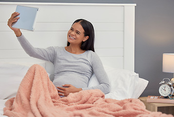 Image showing Pregnant woman, tablet and video call in home bedroom happy for communication or online consultation. Person with wifi connection for gynecology telehealth, pregnancy update and talking about health