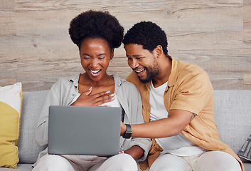 Image showing Laughing, funny and black couple with a laptop for social media, movie and meme on the sofa. Internet, comic and African man and woman watching a show, reading email or comedy entertainment on a pc