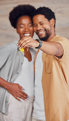 Image showing Real estate, property and black couple with keys to a house during a pregnancy. Showing, mortgage and happy African man and woman in a family home while pregnant for housing, homeowner and relocation