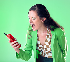 Image showing Fashion, retro phone and woman angry shouting on green background with cosmetics, makeup and beauty. Aesthetic, vintage tech and upset girl scream at telephone spam, network problem or call decline